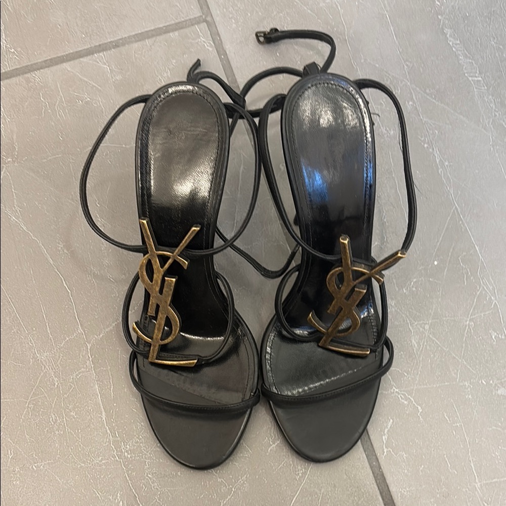 Yves Saint Laurent Black and Gold Heels with Ankle Wrap